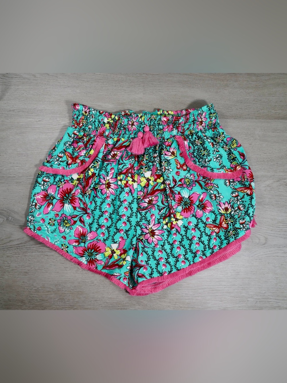 Japna Turquoise Floral High-Waist Shorts with Pink Trim